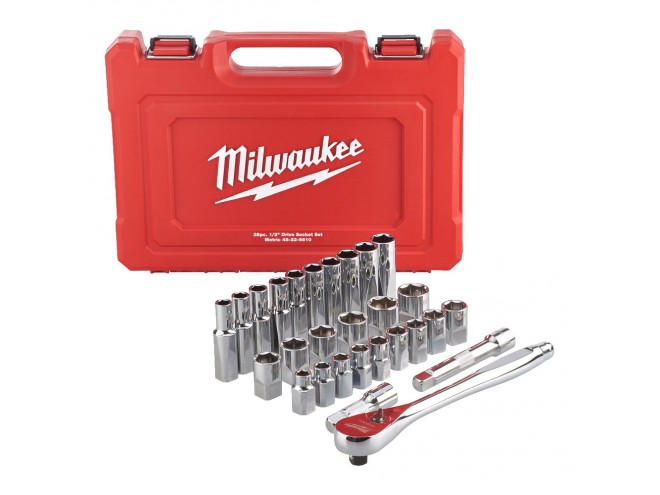 ½" Metric Ratchet + Socket Set. OEM. Part No. 4932471864. Milwaukee Tools. Milwaukee hand tools, power tools, PPE. Milwaukee ratchet and socket set. Milwaukee products. Milwaukee range. Startin Tractors local Milwaukee dealer / stockist. Click & Collect